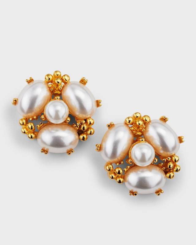 Gold and Pearl Cabachon Cluster Earrings